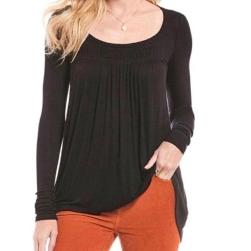 Free People We The Free Black Long Sleeve Pleated Scoop Neck Tunic Top Large